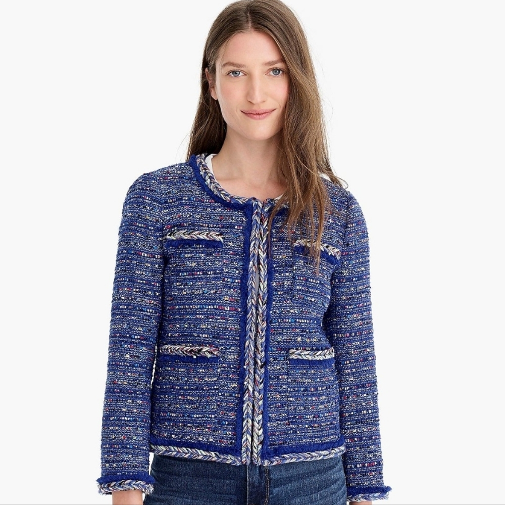 J. Crew Tweed Cobalt Blue Lady Jacket with Braided Trim 6